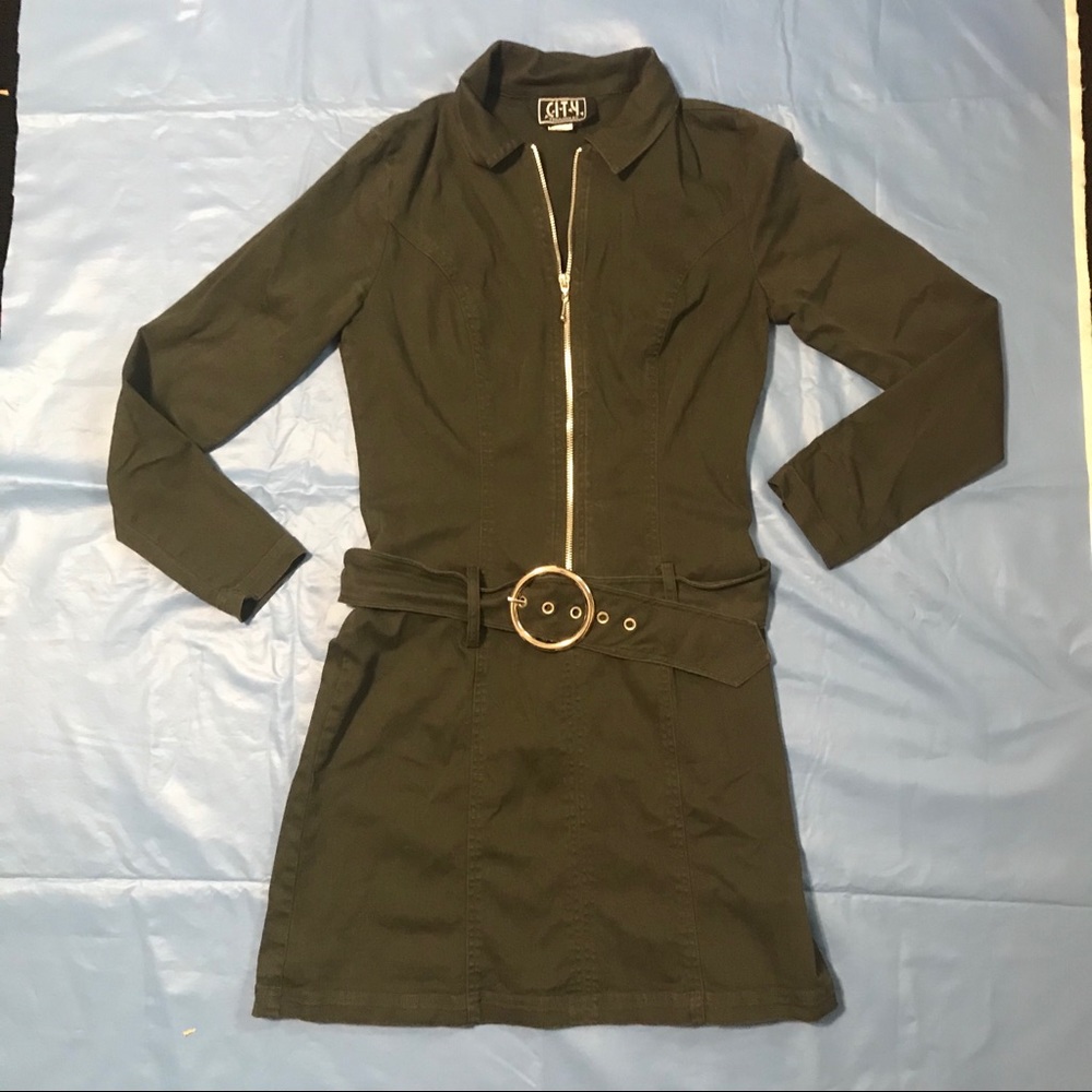City Triangles Army Utility Green Y2K Dress Belted